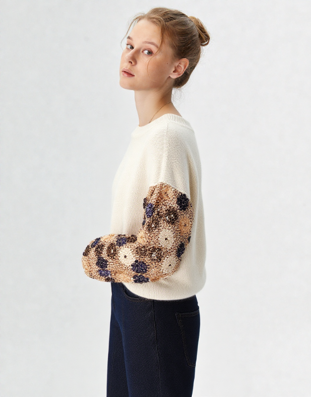 pull fleurs sequins manches longues