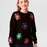 pull laine fleurs à manches longues