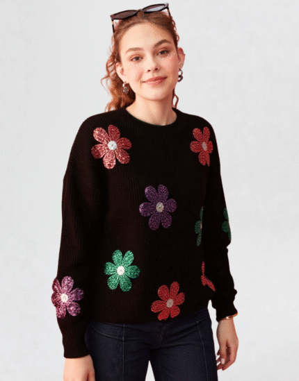 pull laine fleurs à manches longues