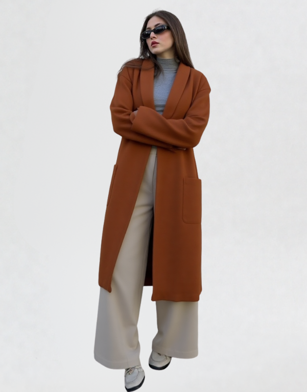 manteau long cognac